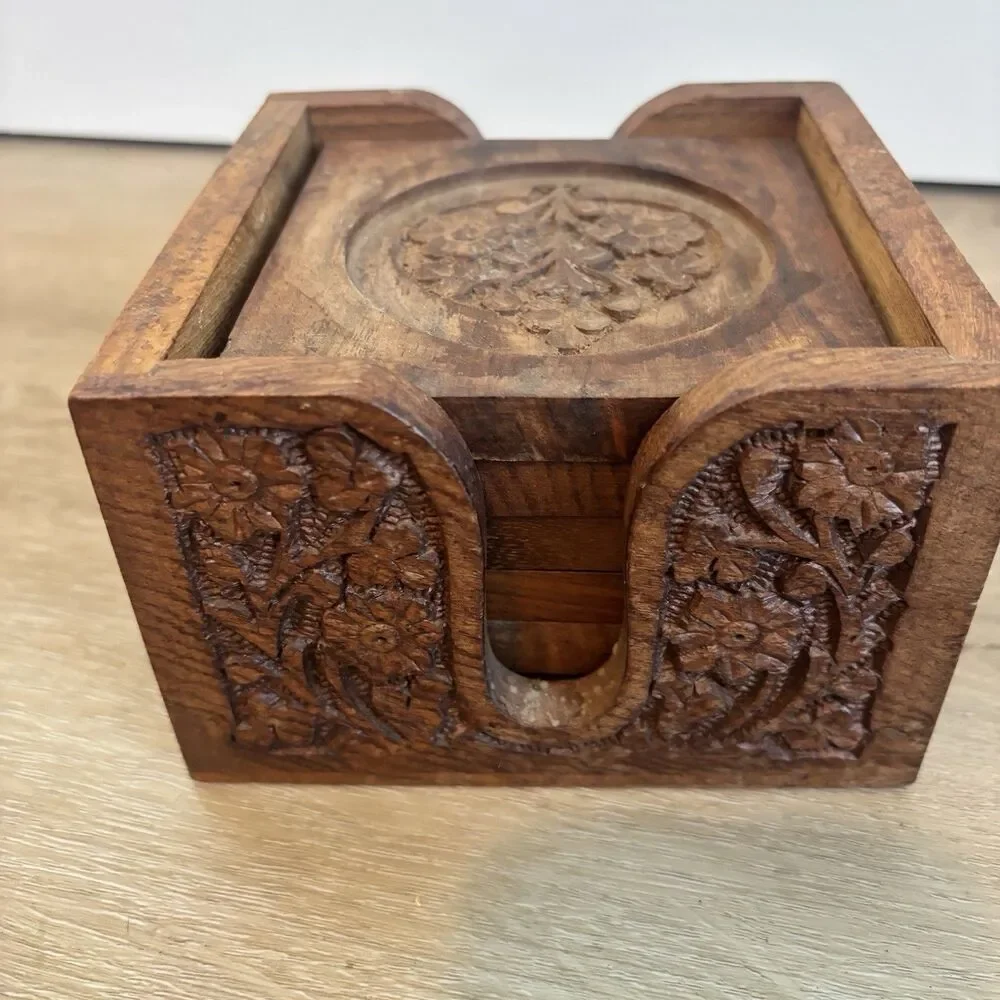 Vintage Hand Carved Wood Coaster Set Caddy Floral Leaf Indian Wooden Drink Mat